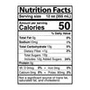 Nutrition facts label for a 12 oz (355 mL) serving size showing 50 calories, 10mg sodium, 13g carbs, 12g sugars including 12g added sugars and 90mg Potassium. Everything else is at 0